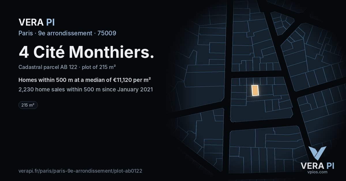 4 Cité Monthiers, 9e arrondissement at night – the plot lit, the parcels around coloured by the prices near them