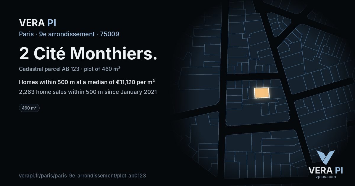 2 Cité Monthiers, 9e arrondissement at night – the plot lit, the parcels around coloured by the prices near them