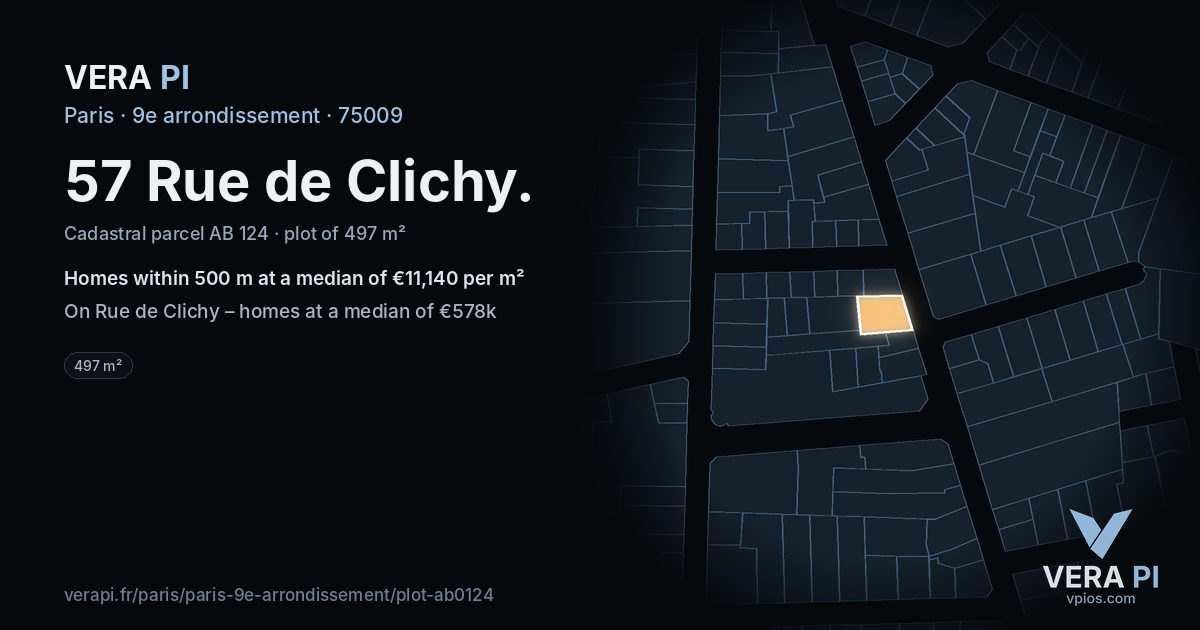 57 Rue de Clichy, 9e arrondissement at night – the plot lit, the parcels around coloured by the prices near them