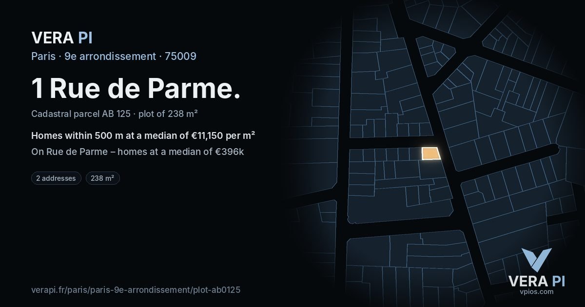 1 Rue de Parme, 9e arrondissement at night – the plot lit, the parcels around coloured by the prices near them