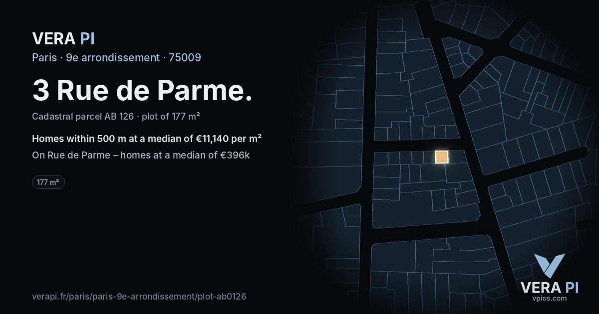 3 Rue de Parme, 9e arrondissement at night – the plot lit, the parcels around coloured by the prices near them