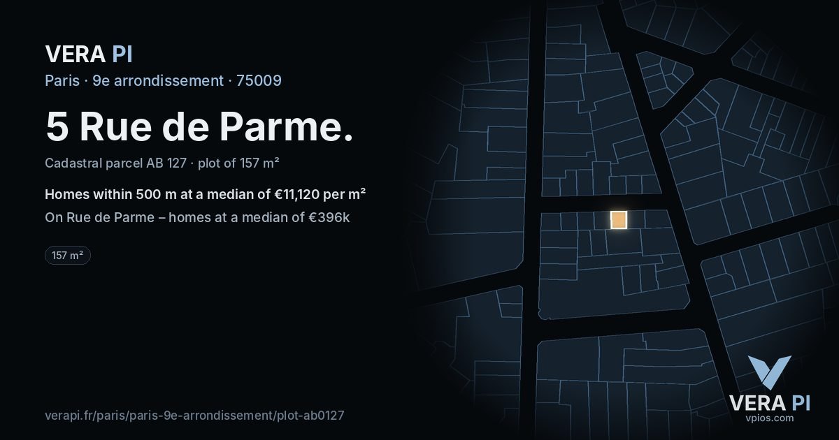 5 Rue de Parme, 9e arrondissement at night – the plot lit, the parcels around coloured by the prices near them