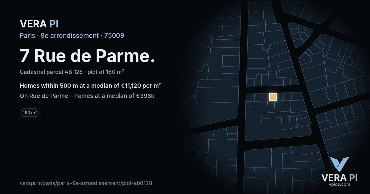 7 Rue de Parme, 9e arrondissement at night – the plot lit, the parcels around coloured by the prices near them