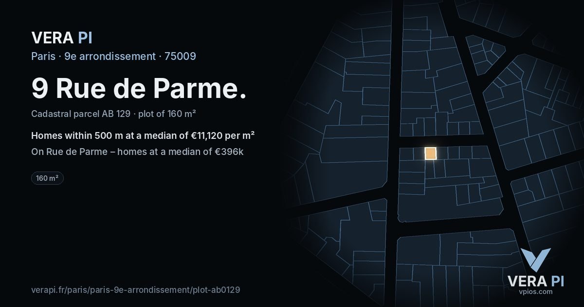 9 Rue de Parme, 9e arrondissement at night – the plot lit, the parcels around coloured by the prices near them