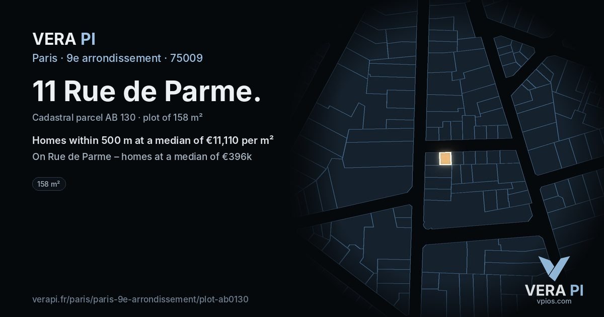 11 Rue de Parme, 9e arrondissement at night – the plot lit, the parcels around coloured by the prices near them