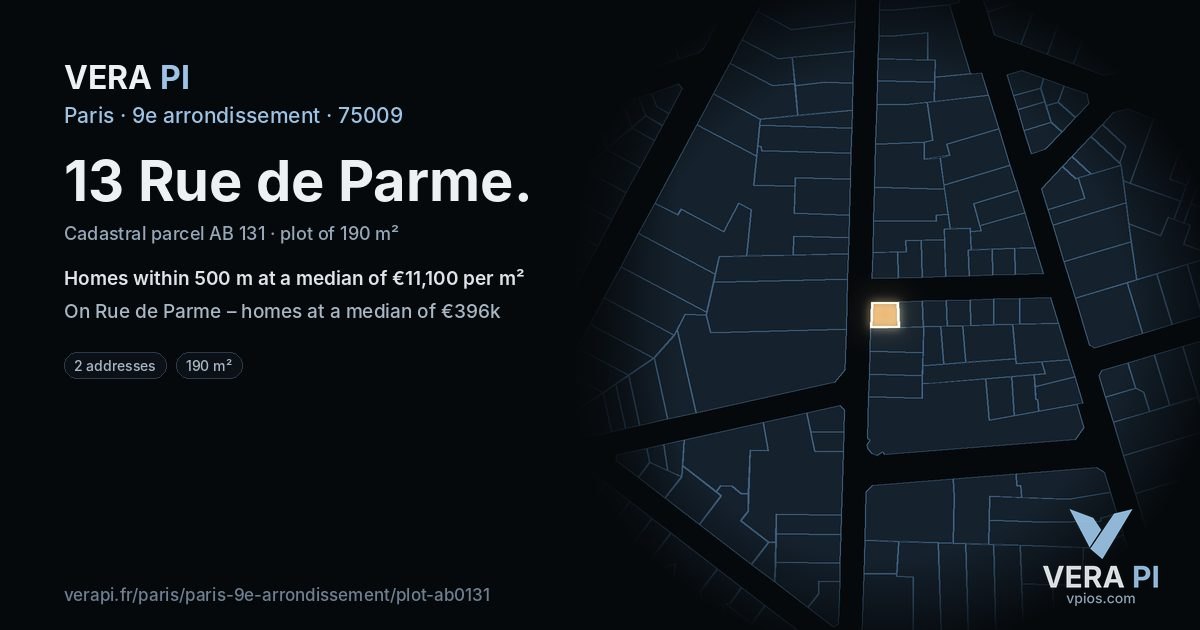 13 Rue de Parme, 9e arrondissement at night – the plot lit, the parcels around coloured by the prices near them