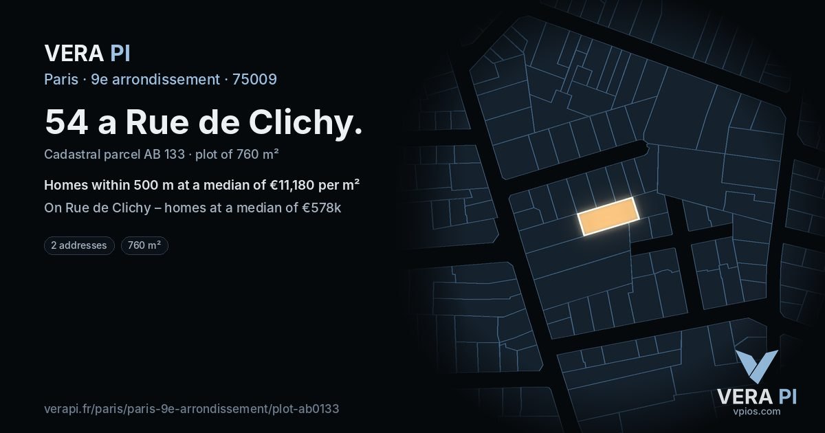 54 a Rue de Clichy, 9e arrondissement at night – the plot lit, the parcels around coloured by the prices near them