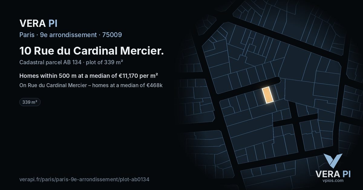 10 Rue du Cardinal Mercier, 9e arrondissement at night – the plot lit, the parcels around coloured by the prices near them