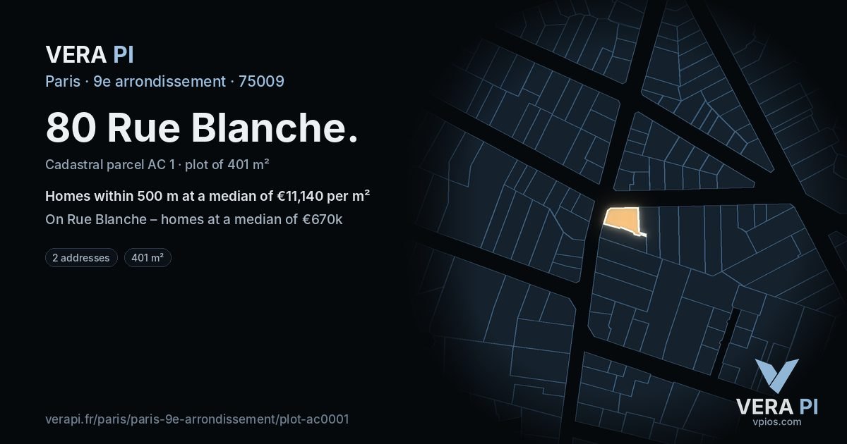 80 Rue Blanche, 9e arrondissement at night – the plot lit, the parcels around coloured by the prices near them
