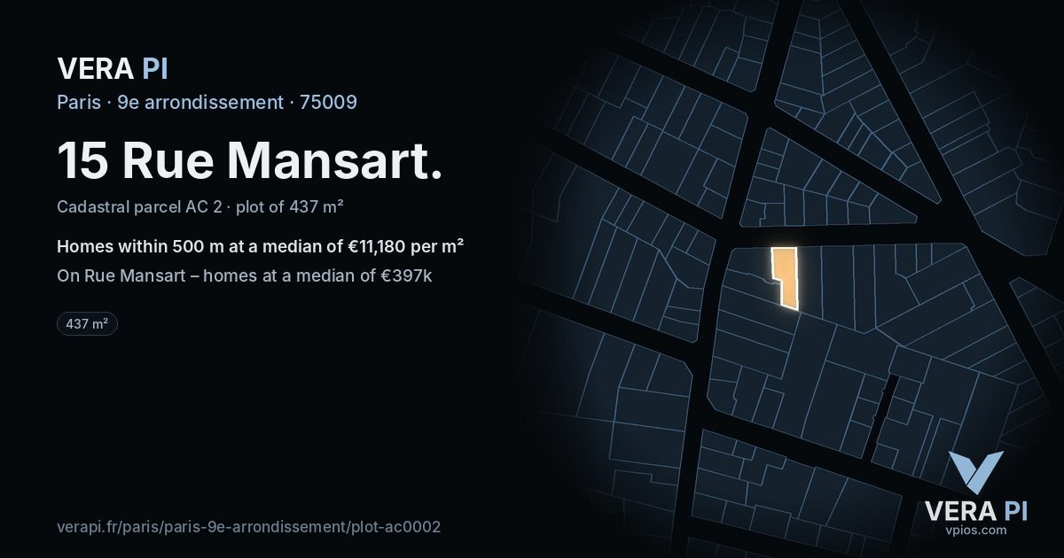 15 Rue Mansart, 9e arrondissement at night – the plot lit, the parcels around coloured by the prices near them