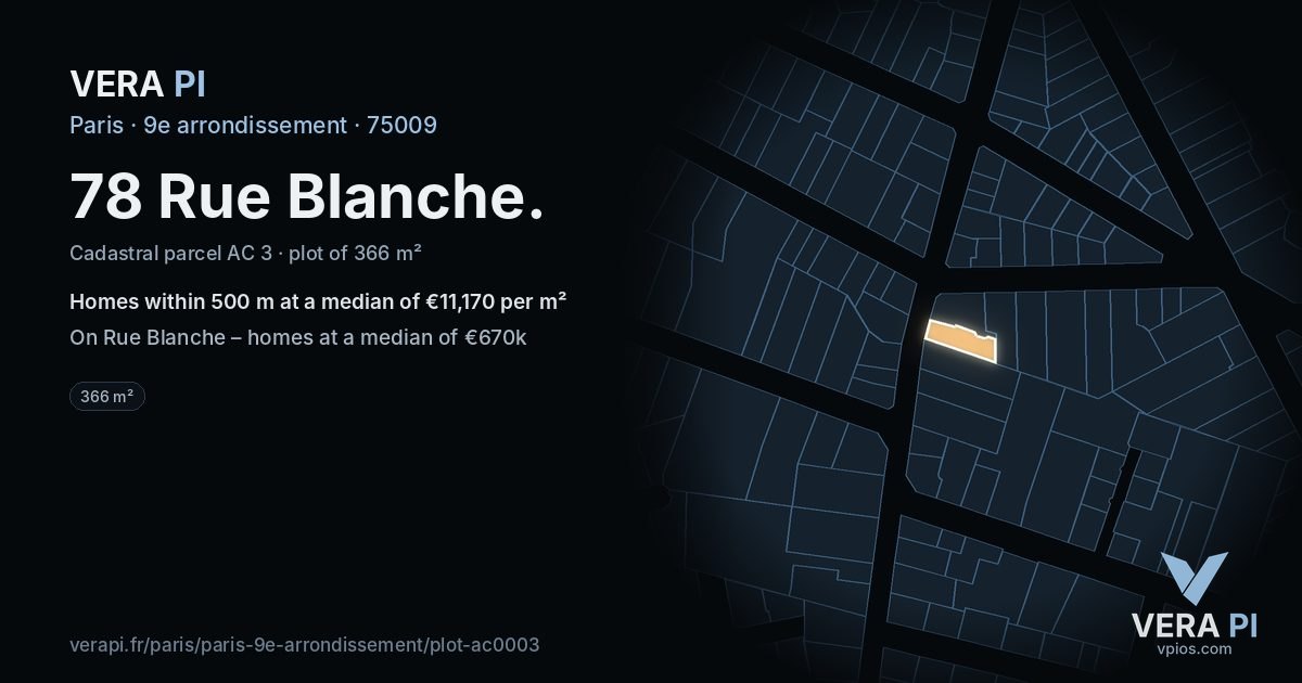 78 Rue Blanche, 9e arrondissement at night – the plot lit, the parcels around coloured by the prices near them