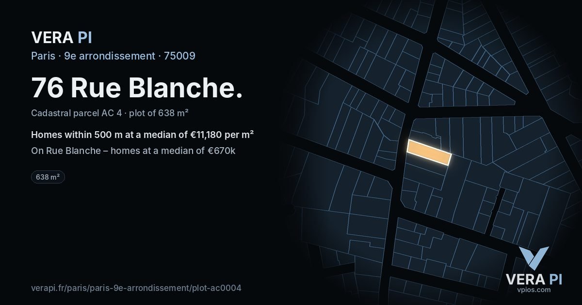 76 Rue Blanche, 9e arrondissement at night – the plot lit, the parcels around coloured by the prices near them