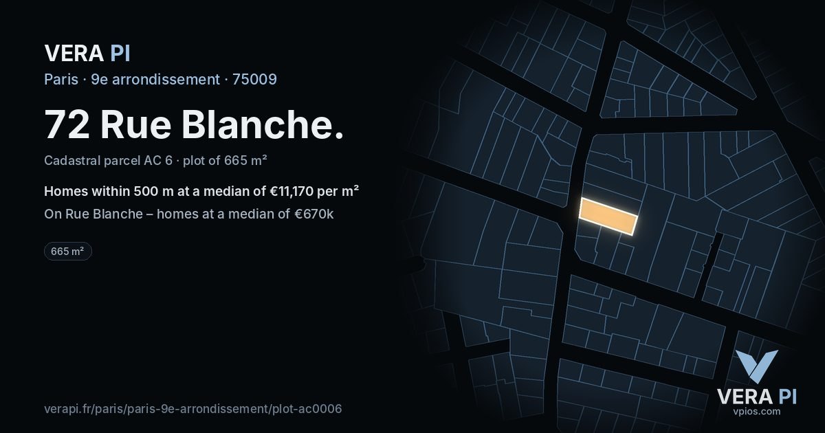 72 Rue Blanche, 9e arrondissement at night – the plot lit, the parcels around coloured by the prices near them