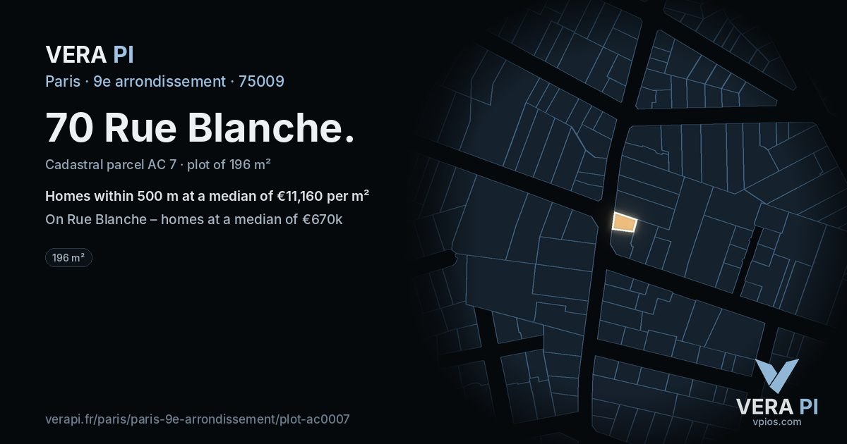70 Rue Blanche, 9e arrondissement at night – the plot lit, the parcels around coloured by the prices near them