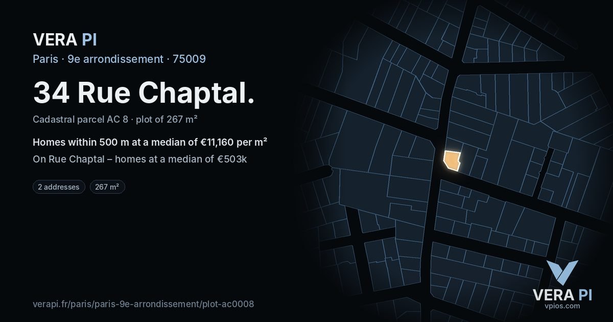 34 Rue Chaptal, 9e arrondissement at night – the plot lit, the parcels around coloured by the prices near them