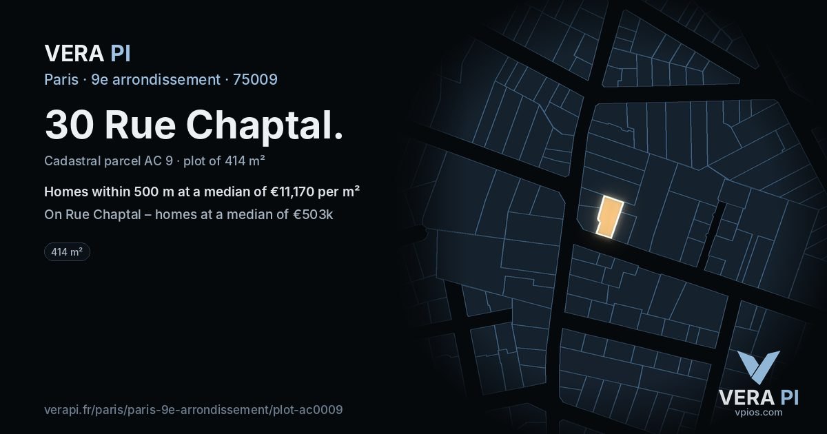 30 Rue Chaptal, 9e arrondissement at night – the plot lit, the parcels around coloured by the prices near them