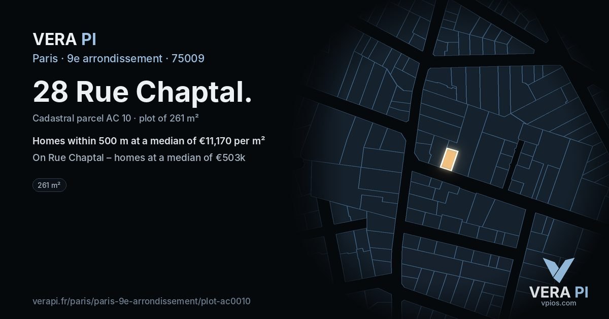 28 Rue Chaptal, 9e arrondissement at night – the plot lit, the parcels around coloured by the prices near them