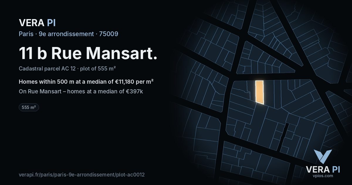 11 b Rue Mansart, 9e arrondissement at night – the plot lit, the parcels around coloured by the prices near them