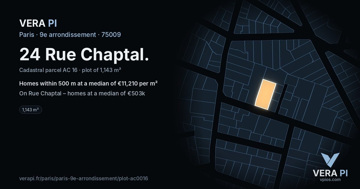 24 Rue Chaptal, 9e arrondissement at night – the plot lit, the parcels around coloured by the prices near them