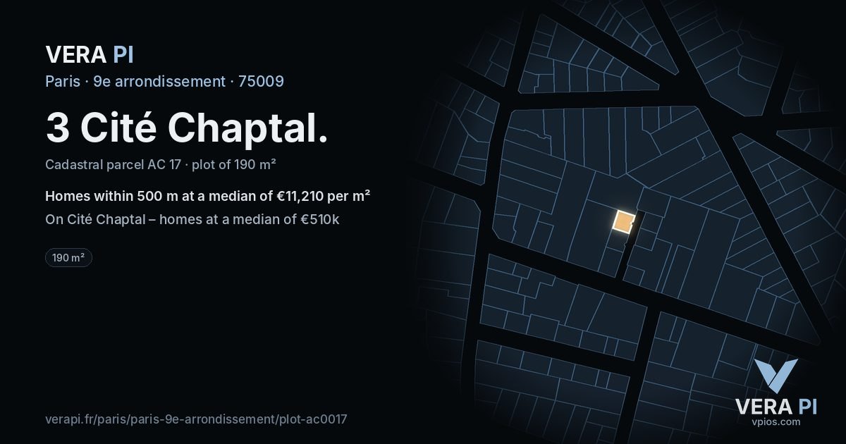 3 Cité Chaptal, 9e arrondissement at night – the plot lit, the parcels around coloured by the prices near them