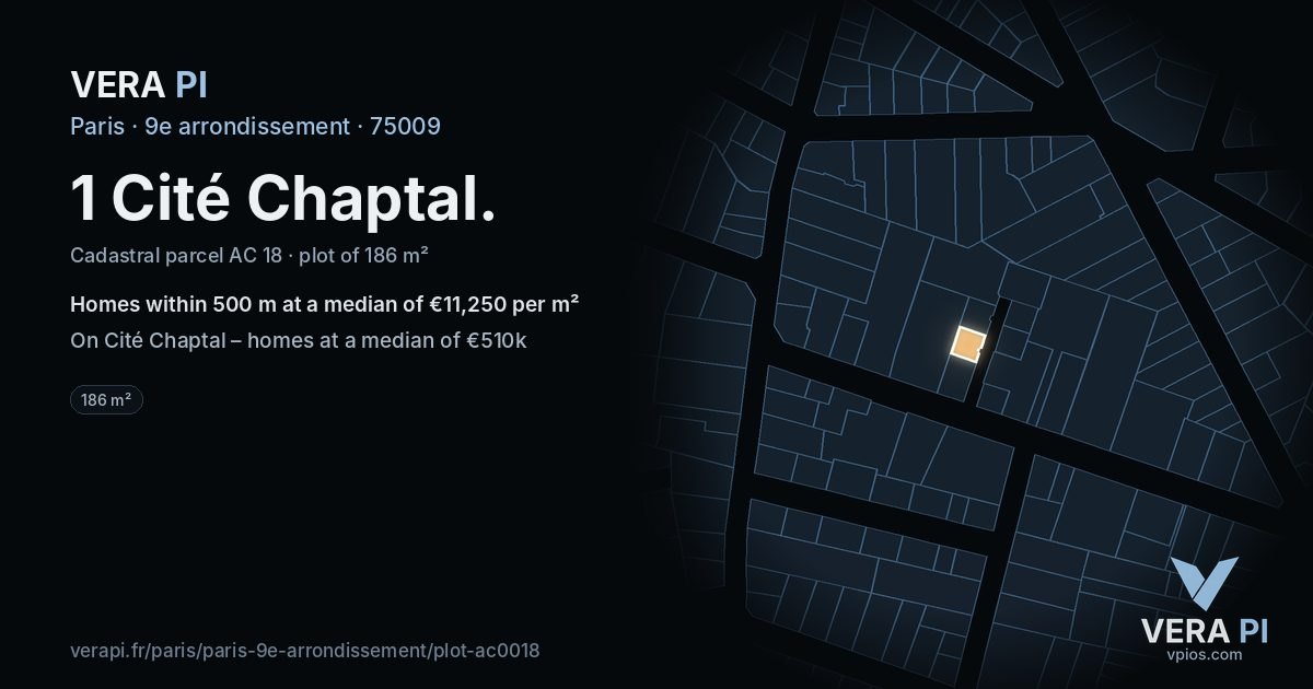 1 Cité Chaptal, 9e arrondissement at night – the plot lit, the parcels around coloured by the prices near them