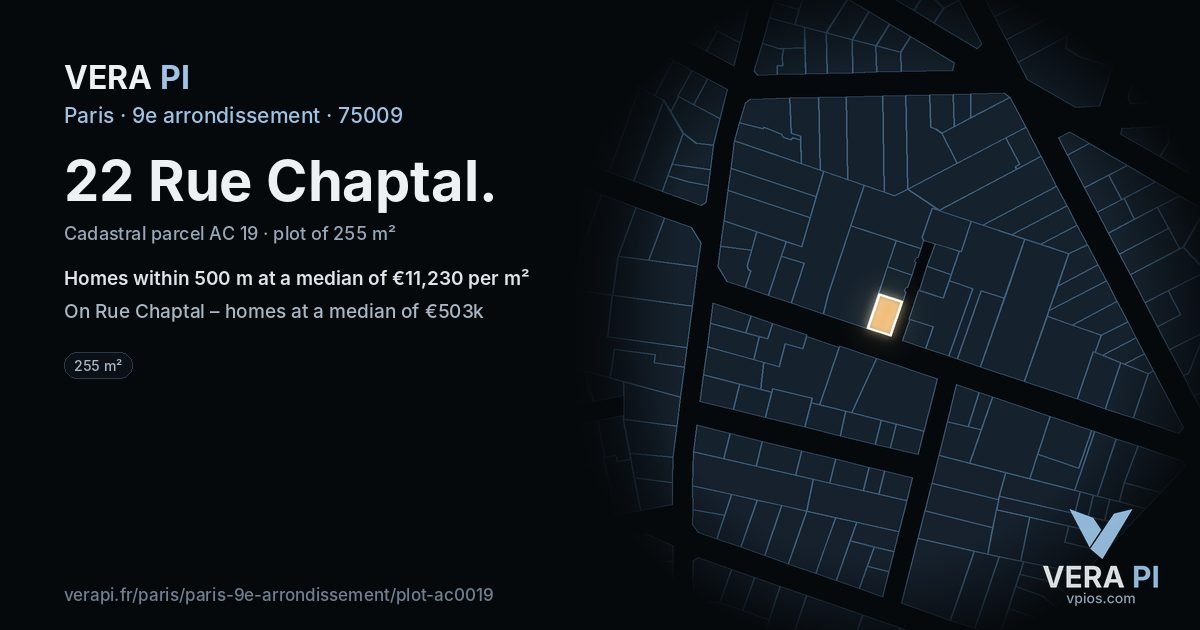 22 Rue Chaptal, 9e arrondissement at night – the plot lit, the parcels around coloured by the prices near them