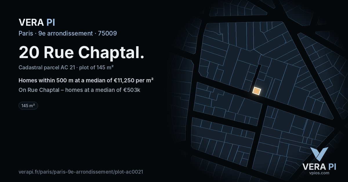 20 Rue Chaptal, 9e arrondissement at night – the plot lit, the parcels around coloured by the prices near them