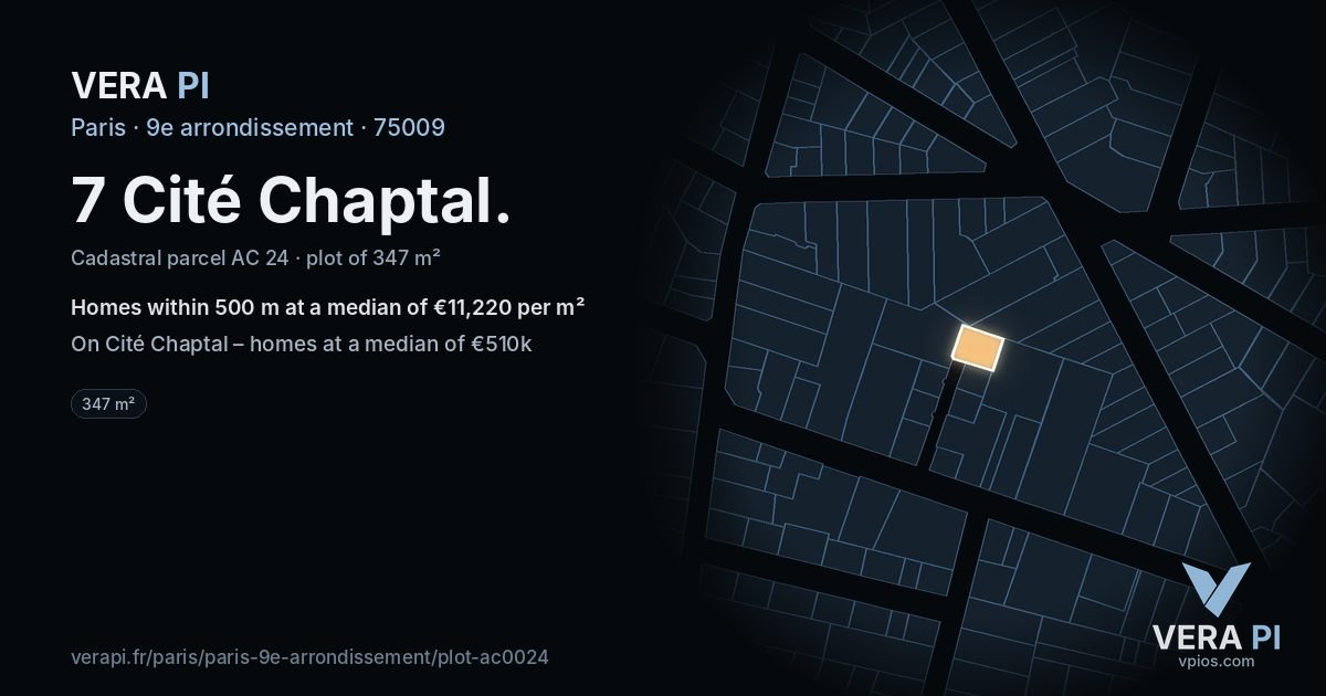 7 Cité Chaptal, 9e arrondissement at night – the plot lit, the parcels around coloured by the prices near them