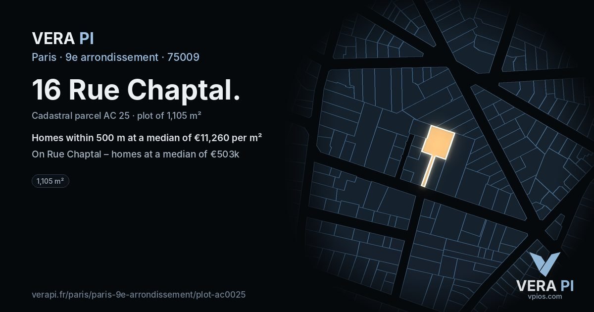 16 Rue Chaptal, 9e arrondissement at night – the plot lit, the parcels around coloured by the prices near them