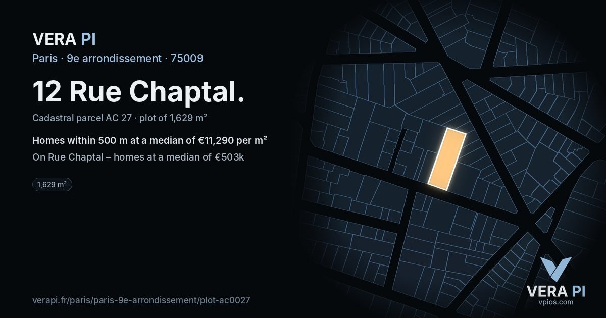 12 Rue Chaptal, 9e arrondissement at night – the plot lit, the parcels around coloured by the prices near them