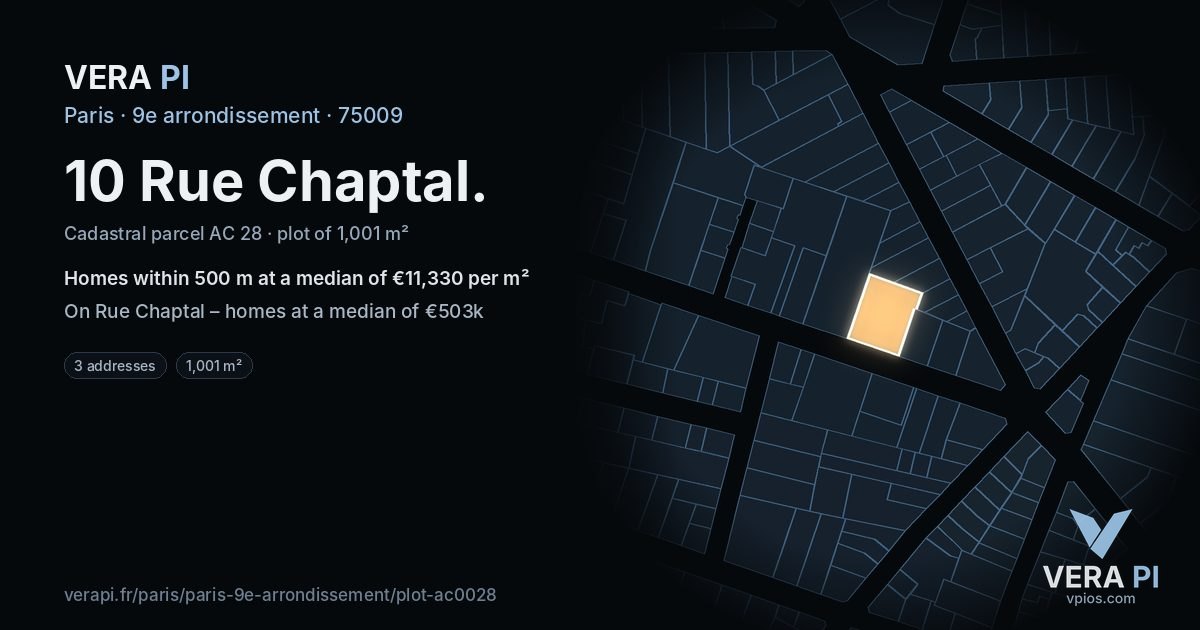 10 Rue Chaptal, 9e arrondissement at night – the plot lit, the parcels around coloured by the prices near them