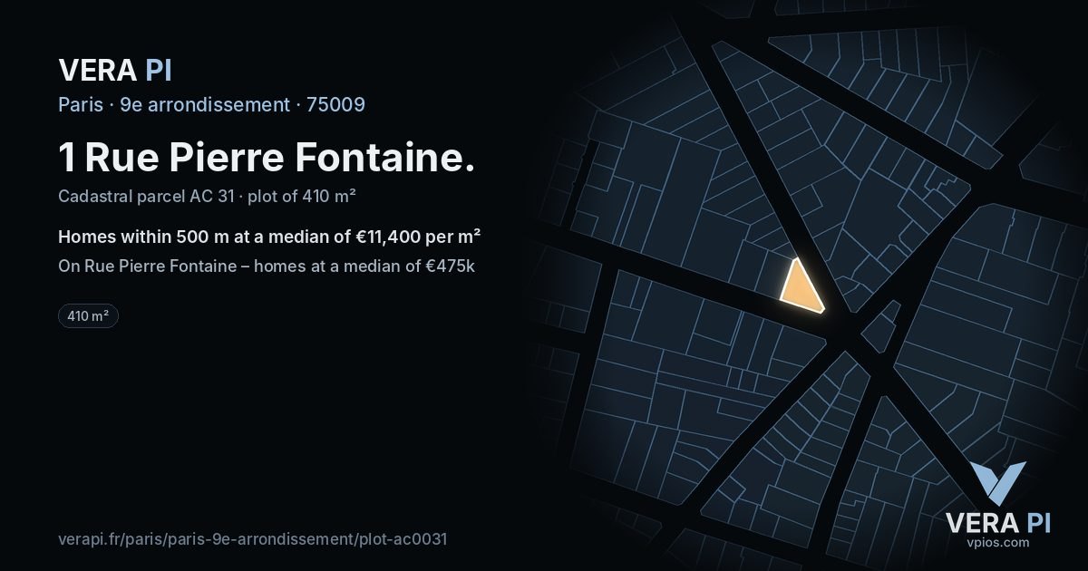 1 Rue Pierre Fontaine, 9e arrondissement at night – the plot lit, the parcels around coloured by the prices near them