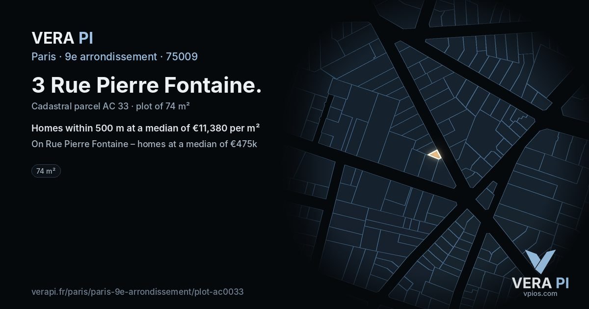 3 Rue Pierre Fontaine, 9e arrondissement at night – the plot lit, the parcels around coloured by the prices near them