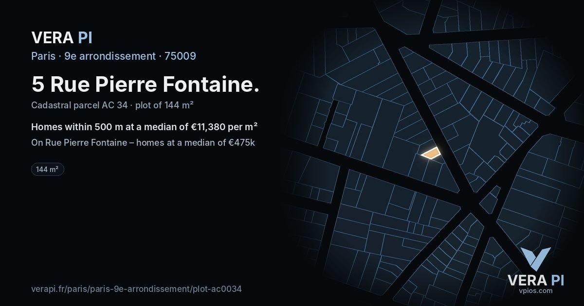 5 Rue Pierre Fontaine, 9e arrondissement at night – the plot lit, the parcels around coloured by the prices near them