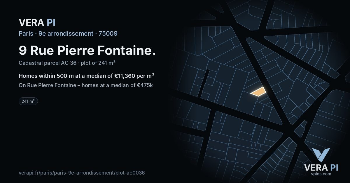 9 Rue Pierre Fontaine, 9e arrondissement at night – the plot lit, the parcels around coloured by the prices near them