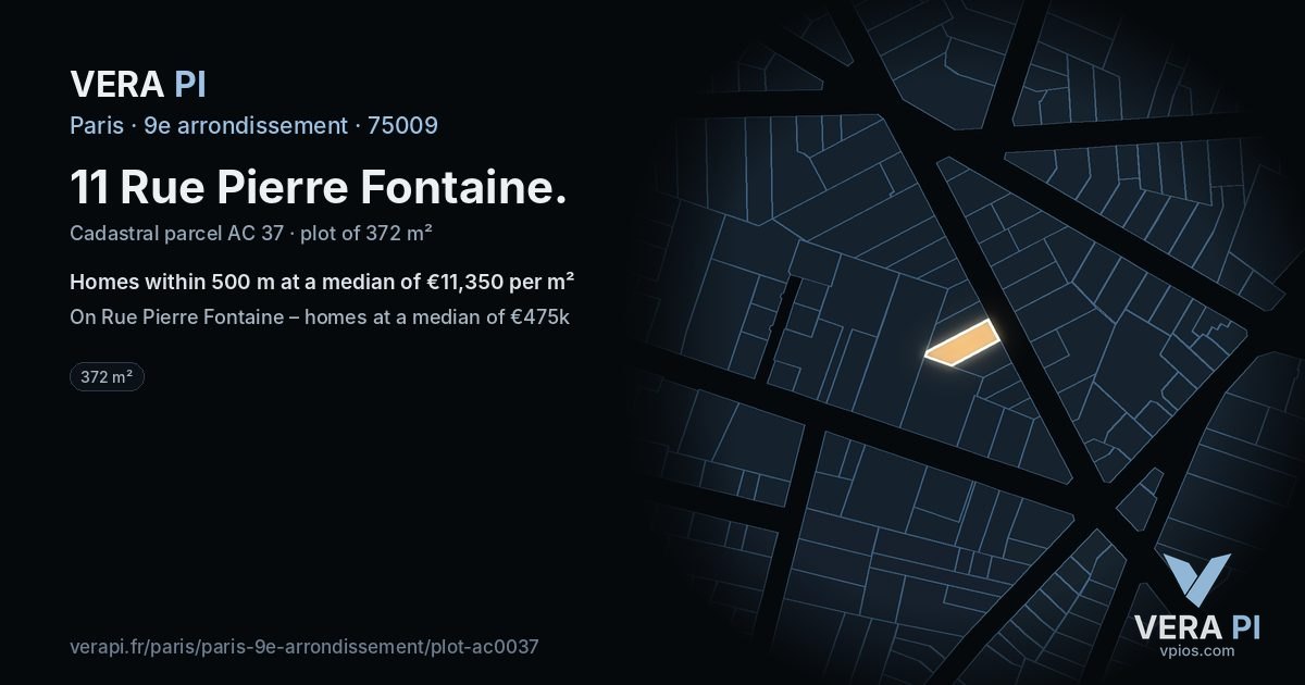 11 Rue Pierre Fontaine, 9e arrondissement at night – the plot lit, the parcels around coloured by the prices near them