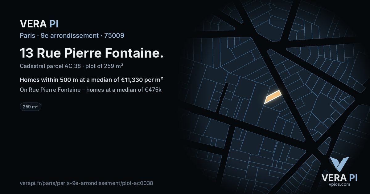 13 Rue Pierre Fontaine, 9e arrondissement at night – the plot lit, the parcels around coloured by the prices near them