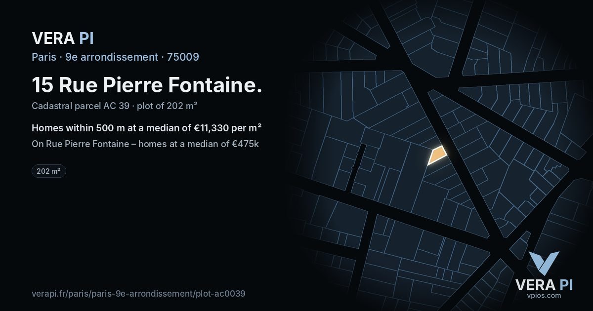 15 Rue Pierre Fontaine, 9e arrondissement at night – the plot lit, the parcels around coloured by the prices near them