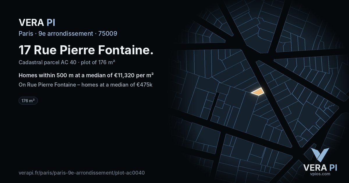 17 Rue Pierre Fontaine, 9e arrondissement at night – the plot lit, the parcels around coloured by the prices near them