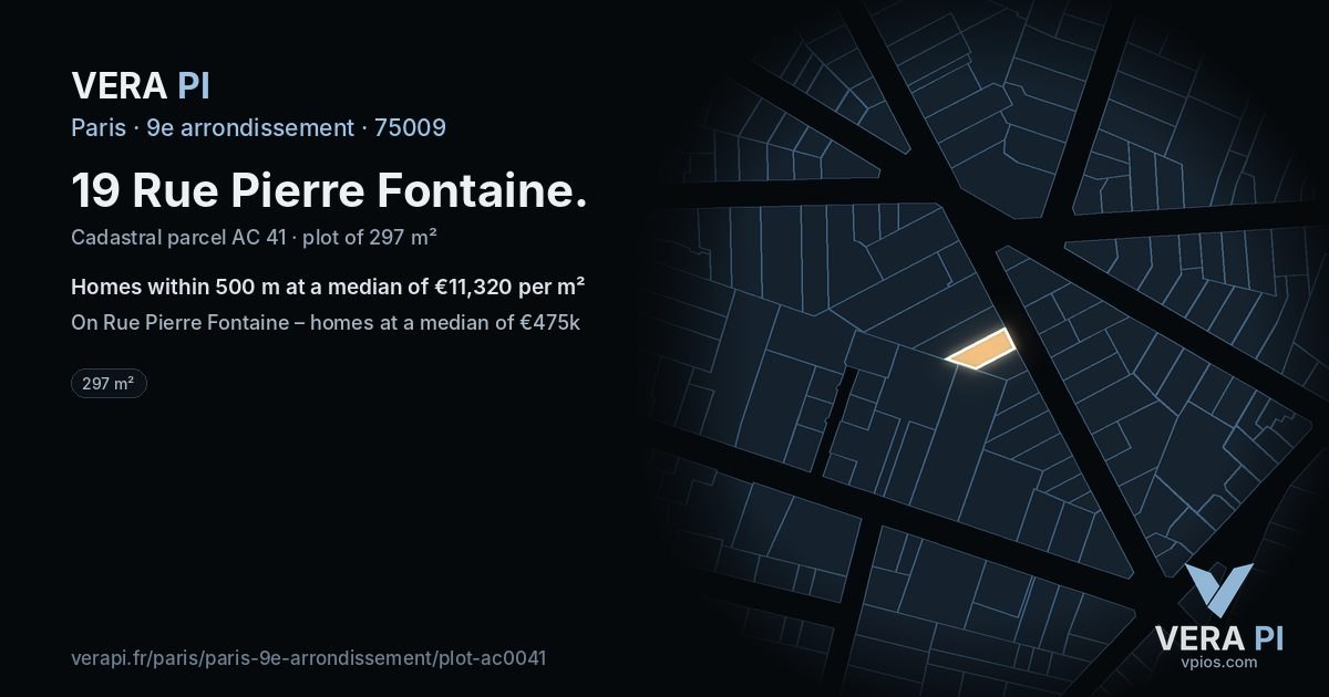 19 Rue Pierre Fontaine, 9e arrondissement at night – the plot lit, the parcels around coloured by the prices near them