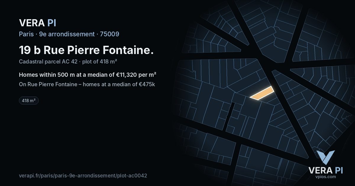 19 b Rue Pierre Fontaine, 9e arrondissement at night – the plot lit, the parcels around coloured by the prices near them