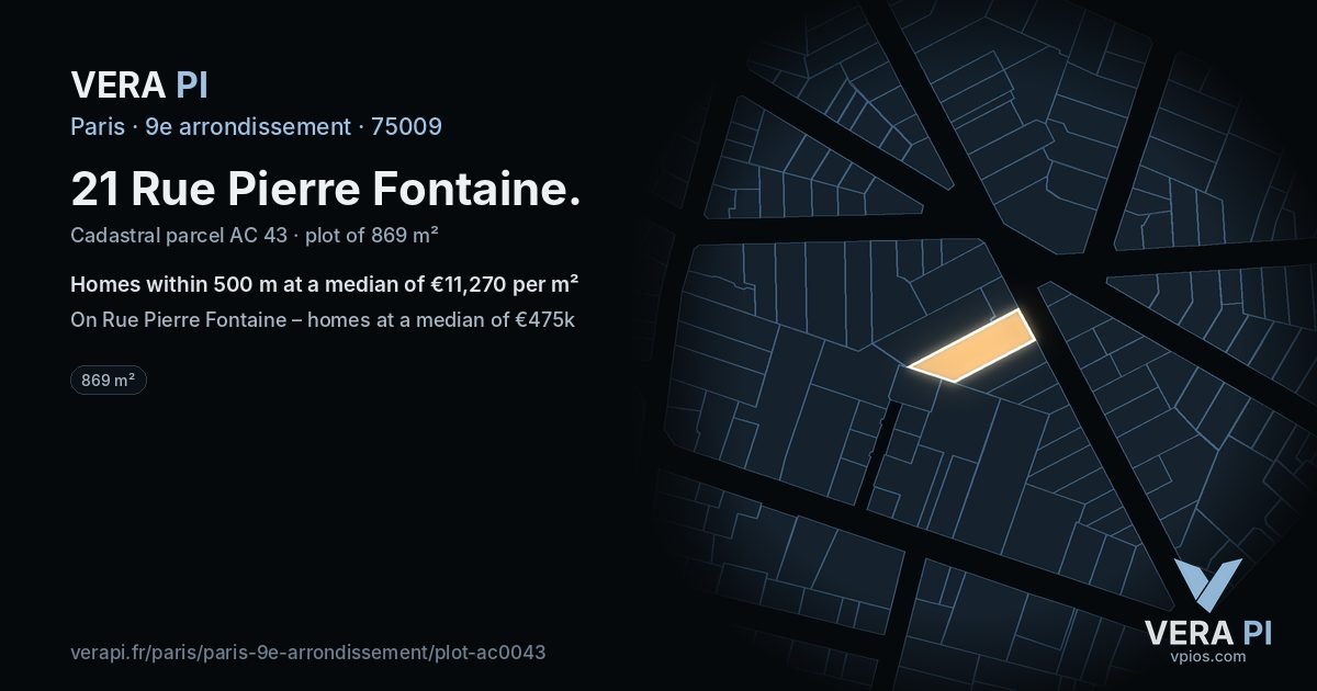 21 Rue Pierre Fontaine, 9e arrondissement at night – the plot lit, the parcels around coloured by the prices near them