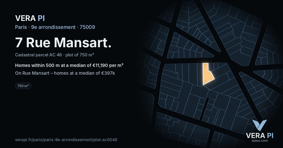 7 Rue Mansart, 9e arrondissement at night – the plot lit, the parcels around coloured by the prices near them