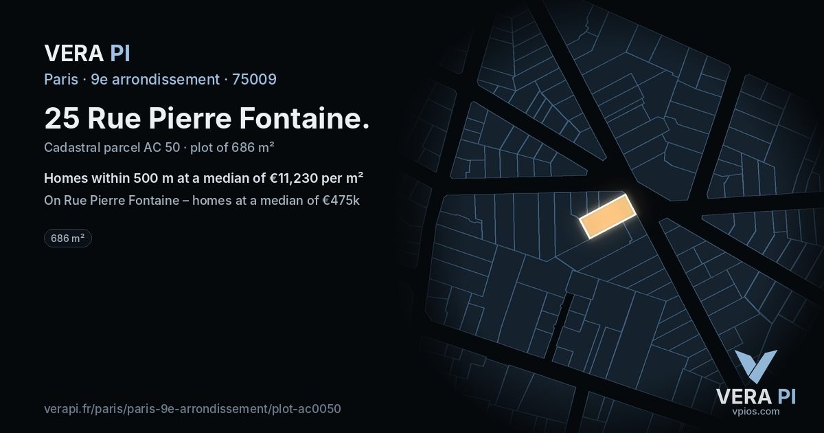 25 Rue Pierre Fontaine, 9e arrondissement at night – the plot lit, the parcels around coloured by the prices near them