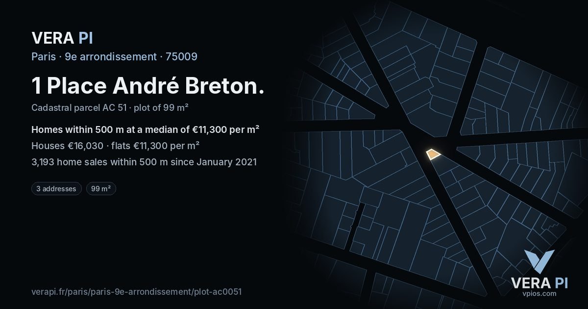 1 Place André Breton, 9e arrondissement at night – the plot lit, the parcels around coloured by the prices near them