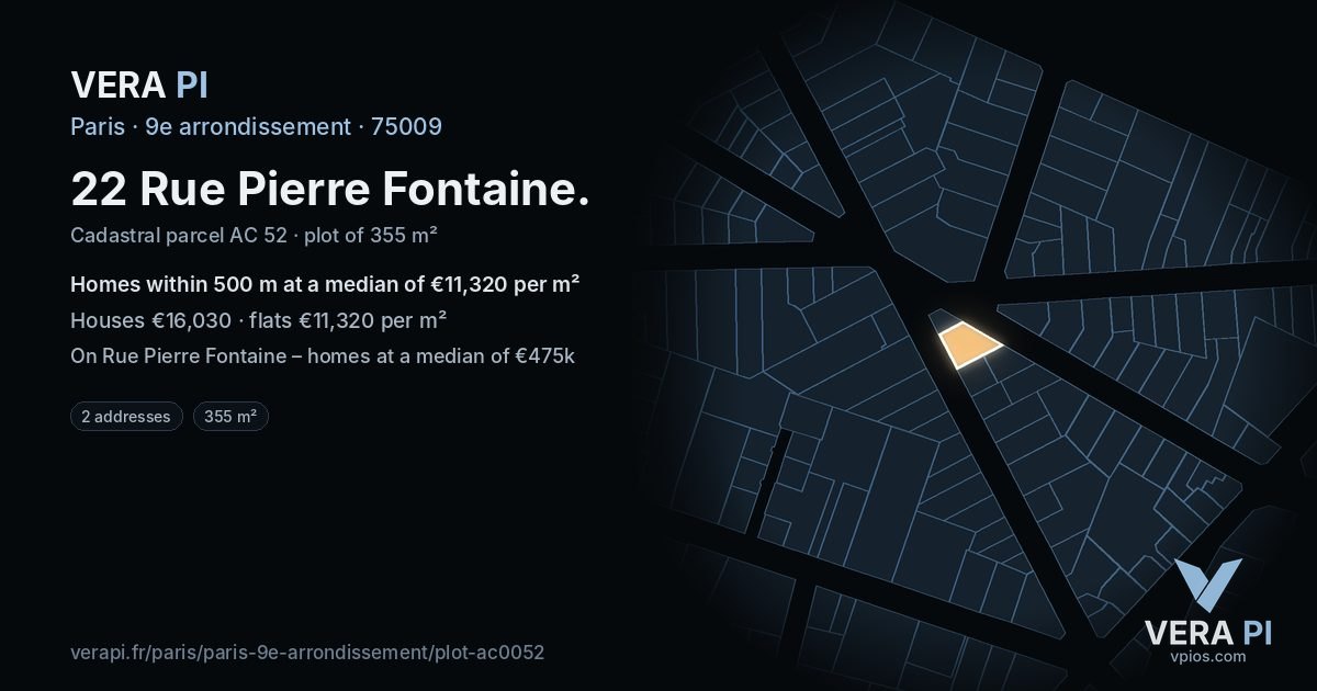 22 Rue Pierre Fontaine, 9e arrondissement at night – the plot lit, the parcels around coloured by the prices near them