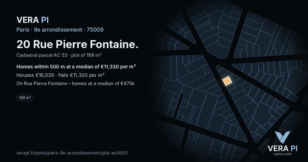 20 Rue Pierre Fontaine, 9e arrondissement at night – the plot lit, the parcels around coloured by the prices near them