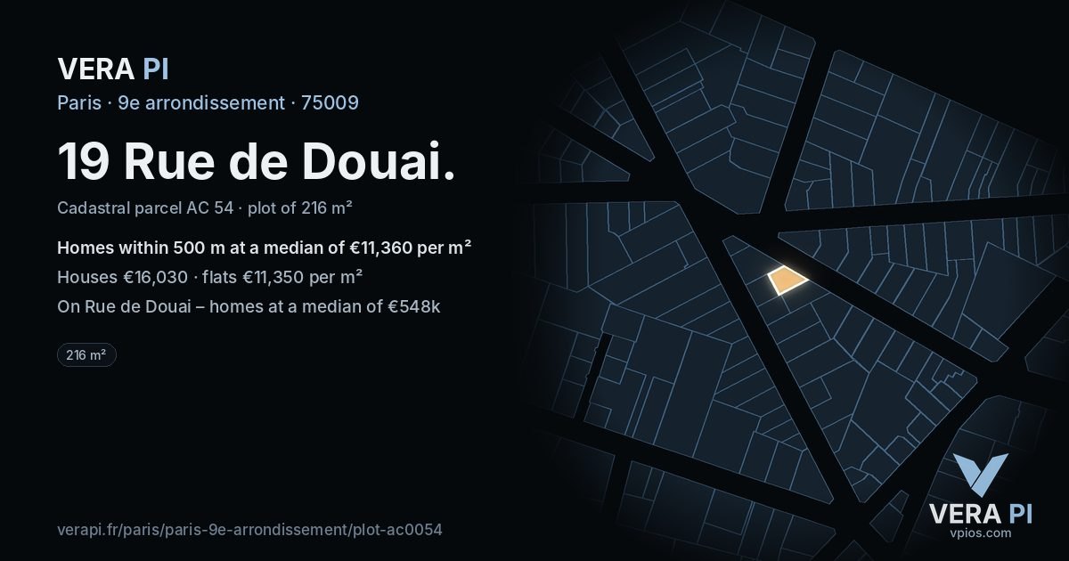 19 Rue de Douai, 9e arrondissement at night – the plot lit, the parcels around coloured by the prices near them