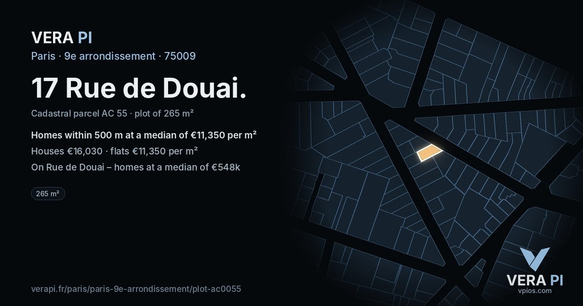 17 Rue de Douai, 9e arrondissement at night – the plot lit, the parcels around coloured by the prices near them