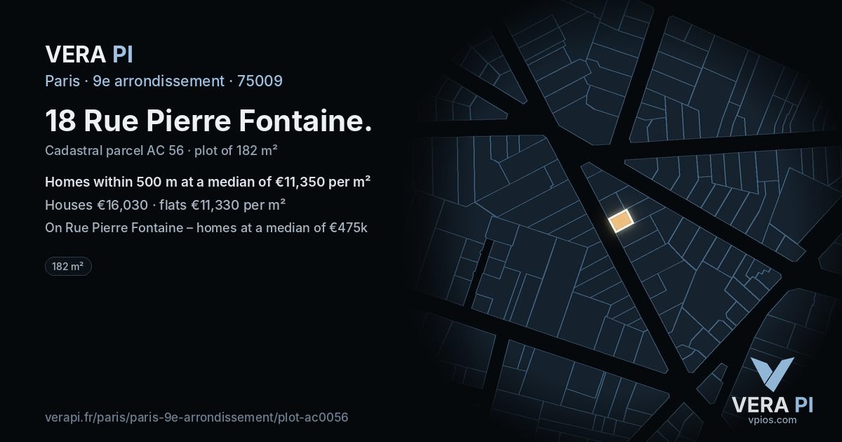 18 Rue Pierre Fontaine, 9e arrondissement at night – the plot lit, the parcels around coloured by the prices near them